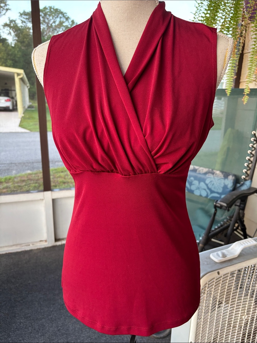 Sleeveless Maroon Surplice Draped Women's Blouse